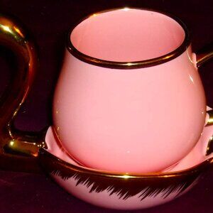 Beautiful Pink / Gold Trim Vintage Porcelain Swan Saucer w/ Teacup